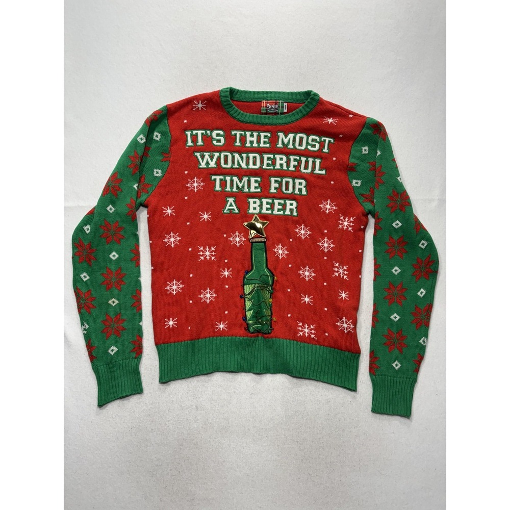 Spencer's Sweater Mens Large Red Green Beer Christmas Ugly Light Up Pullover